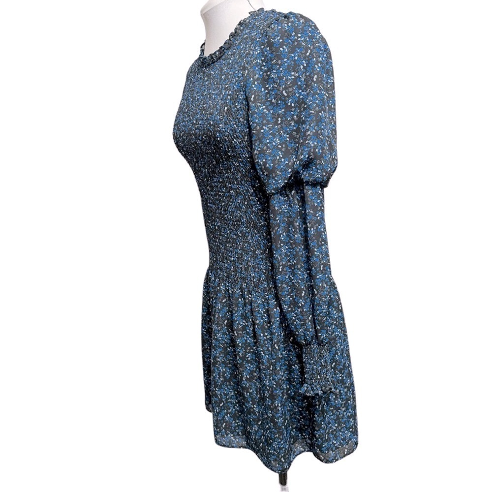 Parker Lilly Puff Sleeve Floral Georgette Dress Sz S Blue Smocked Long Sleeve - Picture 3 of 8
